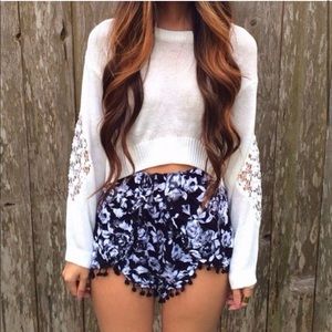 Black and White Floral Angel Biba Tassel Shorts